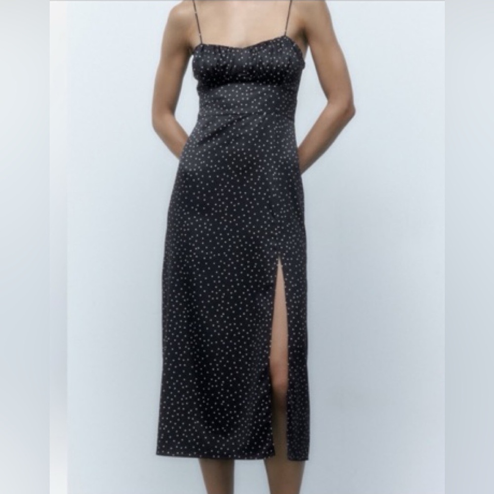 Zara Black white satin polka dot midi dress